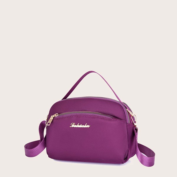 

Metal Decor Zip-Front Satchel Bag, Purple