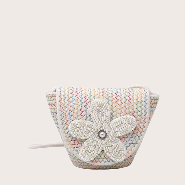 

Faux Pearl Beaded Flower Patch Bucket Bag, Beige