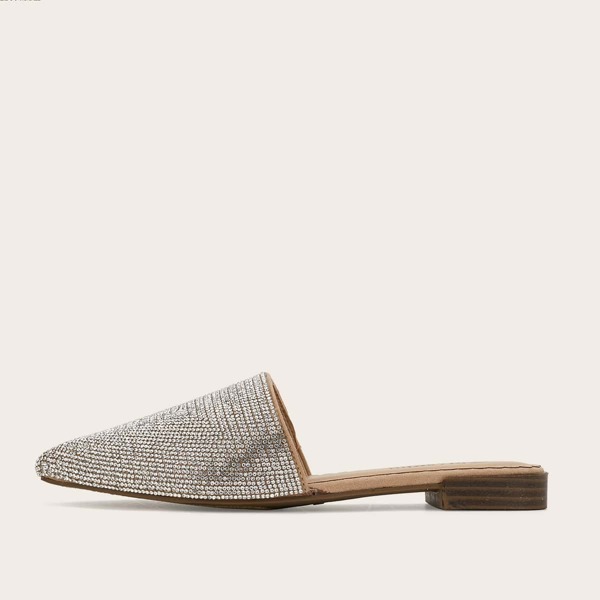 

Rhinestone Decor Flat Mules, Silver