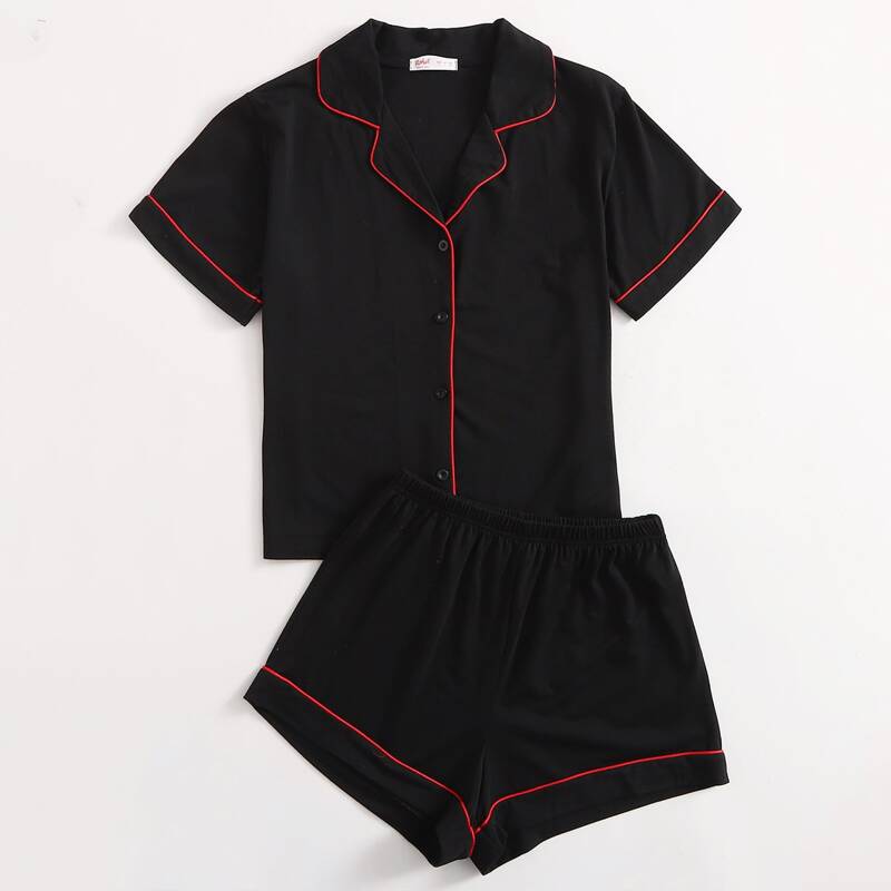 

Contrast Binding Button Front Pajama Set, Black