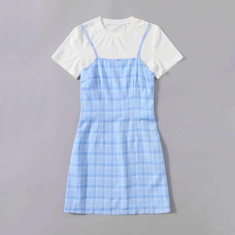 

Solid Tee & Plaid Cami Dress, Blue and white