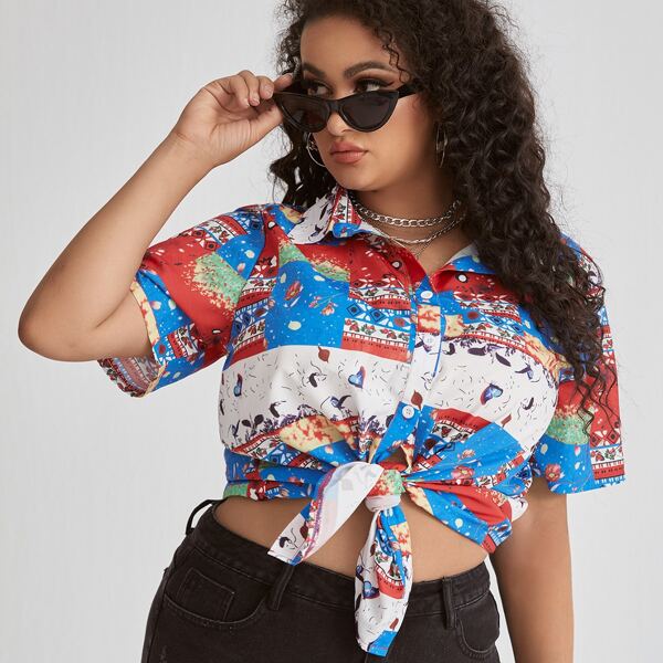 

Plus Floral And Geo Print Button Front Blouse, Multicolor