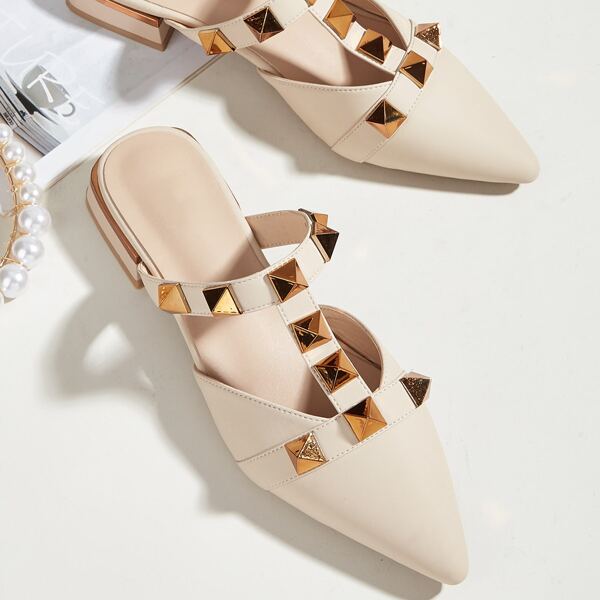 

Spiked Decor Flat Mules, Beige