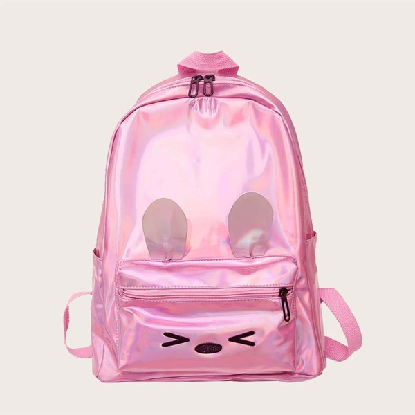 

Girls Cartoon Graphic Pocket Front Holographic Backpack, Pink
