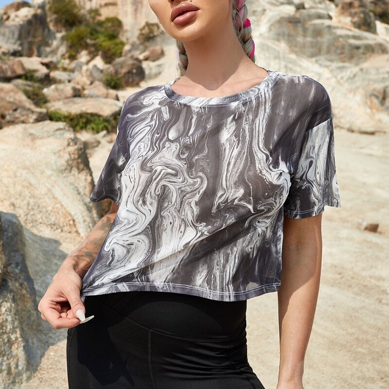 

Marble Print Crop Sports Tee, Black and white
