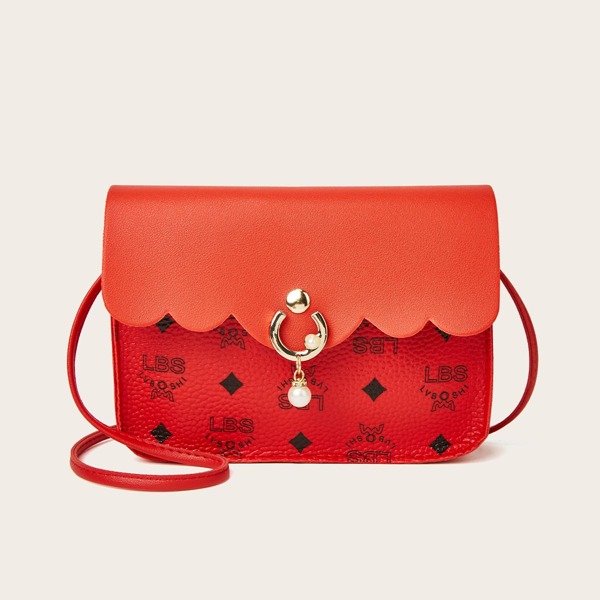 

Faux Pearl Decor Letter Graphic Crossbody Bag, Red