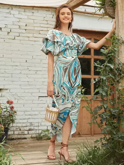 Seusyu Ruffle Trim Asymmetrical Hem Marble Print Dress