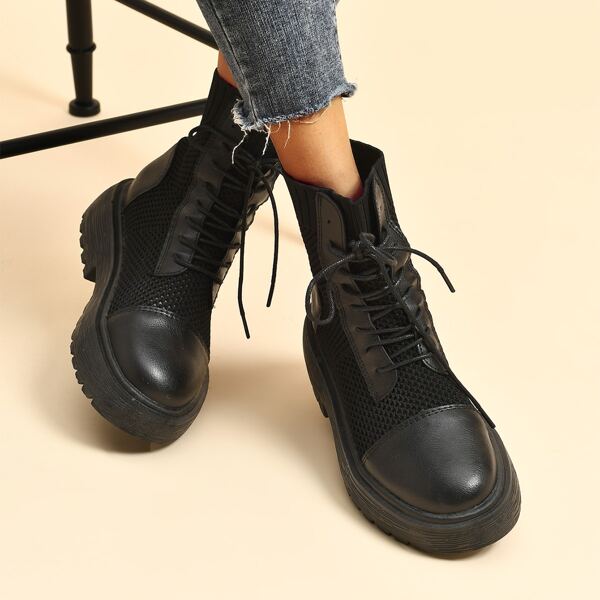 

Minimalist Mesh Panel Lace-Up Boots, Black