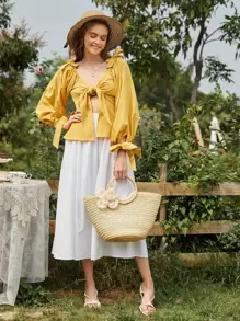 SHEIN VCAY 結飾燈籠袖蕾絲上衣和半身裙套裝 - 彩色 - 查看 1