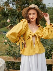 SHEIN VCAY 結飾燈籠袖蕾絲上衣和半身裙套裝 - 彩色 - 查看 4