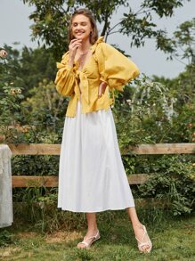 SHEIN VCAY 結飾燈籠袖蕾絲上衣和半身裙套裝 - 彩色 - 查看 5