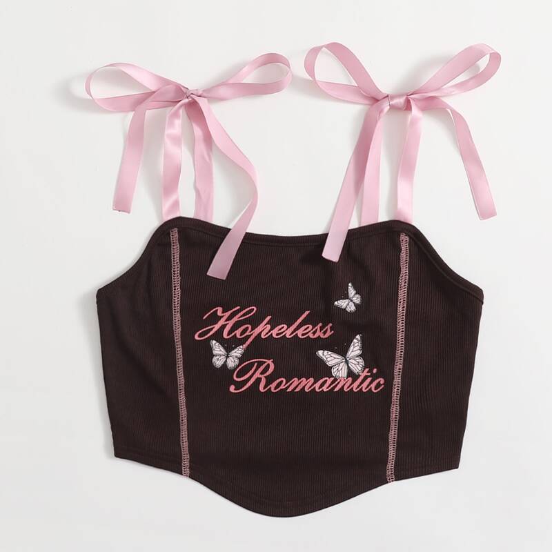 

Letter Butterfly Graphic Ribbed Tie Shoulder Cami, Chocolate brown
