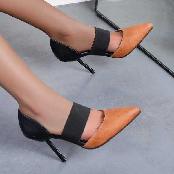 

Elastic Band Two Tone High Heeled Pumps, Brown