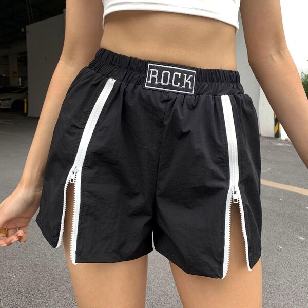 

Letter Embroidered Zipper Up Shorts, Black