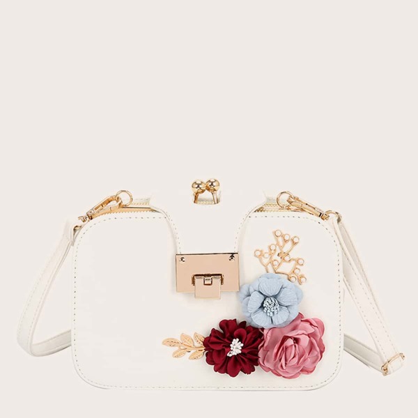 

Flower Appliques Crossbody Bag, White