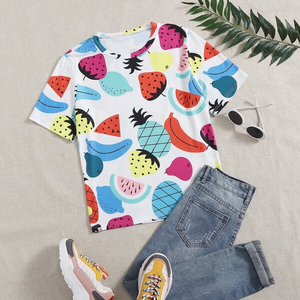 

Plus Fruits Print Short Sleeve Tee, Multicolor