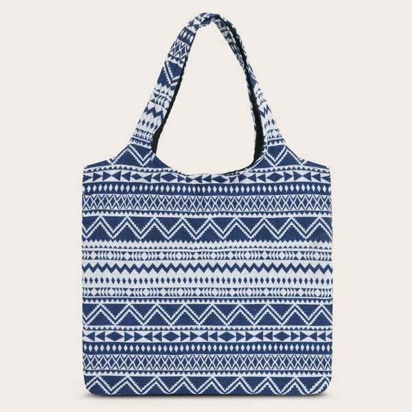 

Geometric Print Shopper Bag, Blue and white