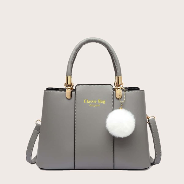 

Pom-pom Charm Double Handle Satchel Bag, Grey