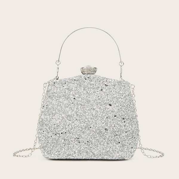 

Rhinestone Decor Glitter Chain Box Bag, Silver