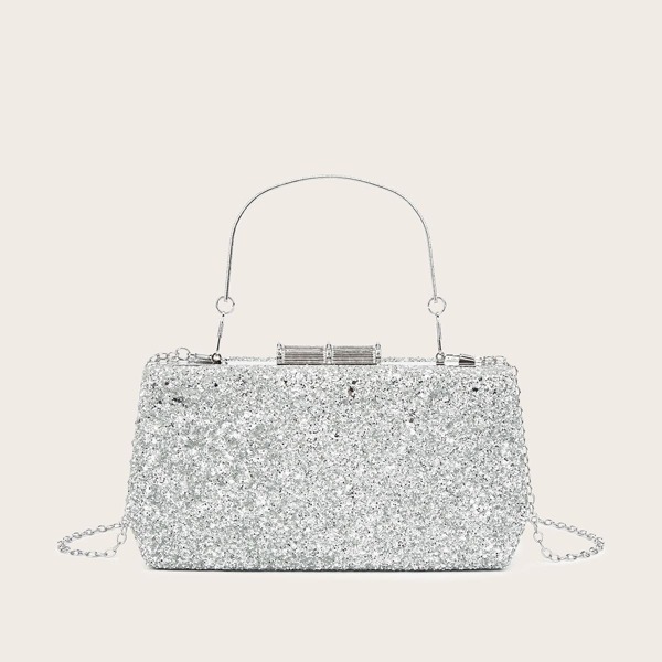 

Metal Lock Glitter Chain Box Bag, Silver