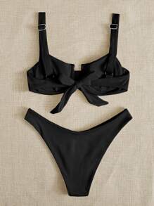 SHEIN Swim Summer Beach Rib Bikini Set Underwire Bra & High Cut Bottom 2 Piece Bathing Suit - Black - View 2