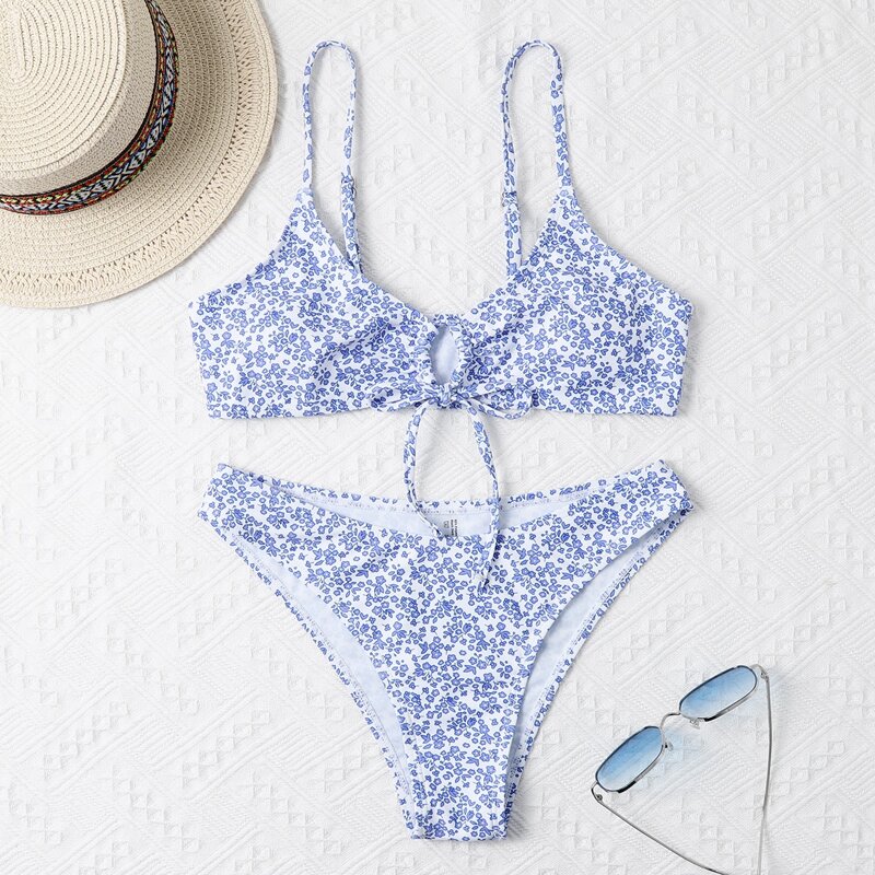 

Ditsy Floral Tie Front Bikini Swimsuit, Royal blue