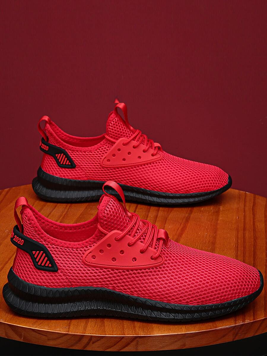 Men Letter Tape Lace-Up Front Sneakers - Red - View 1