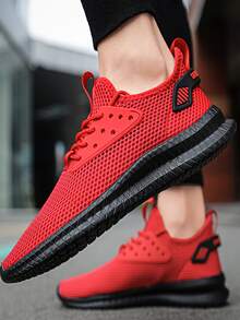 Men Letter Tape Lace-Up Front Sneakers - Red - View 2