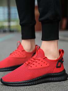 Men Letter Tape Lace-Up Front Sneakers - Red - View 3