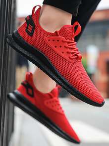 Men Letter Tape Lace-Up Front Sneakers - Red - View 4