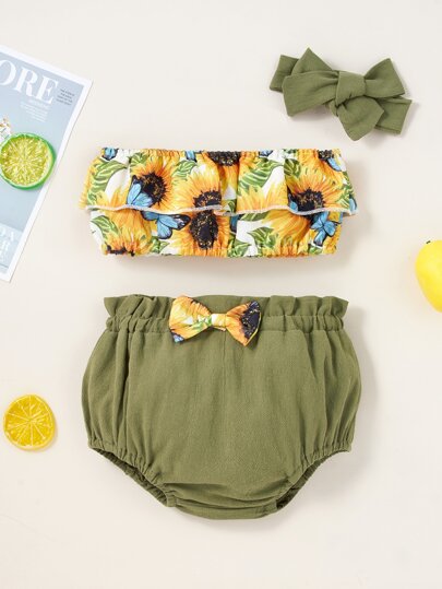 سروال قصير بخصر جيب ورقي مع لباس علوي توب بطباعة زهرة دور الشمس مع عصابة راس للبنات الرضع