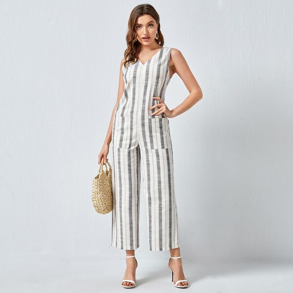 

Dual Pocket Stripe Wide Leg Jumpsuit, Multicolor