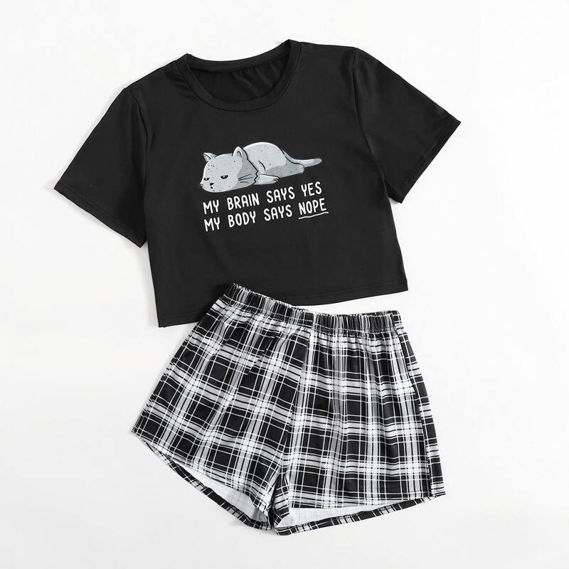 

Letter Cartoon Graphic Pajama Set, Black and white