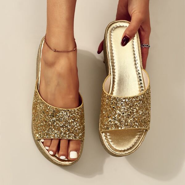 

Glitter Decor Espadrille Mule Wedges, Gold