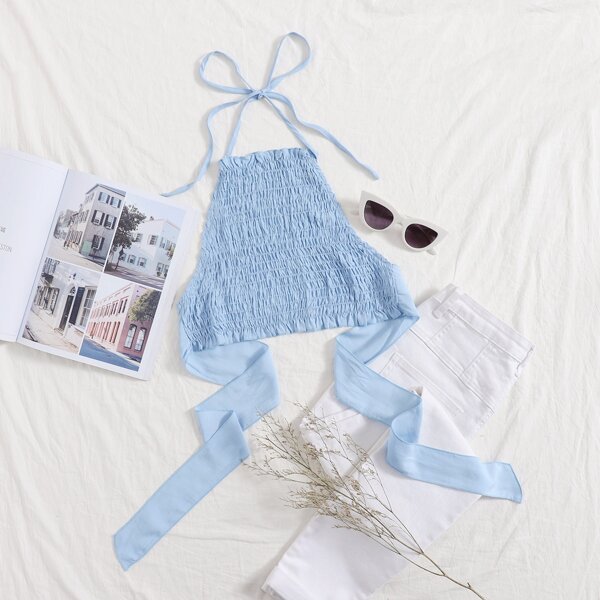 

Solid Shirred Tie Back Halter Top, Baby blue