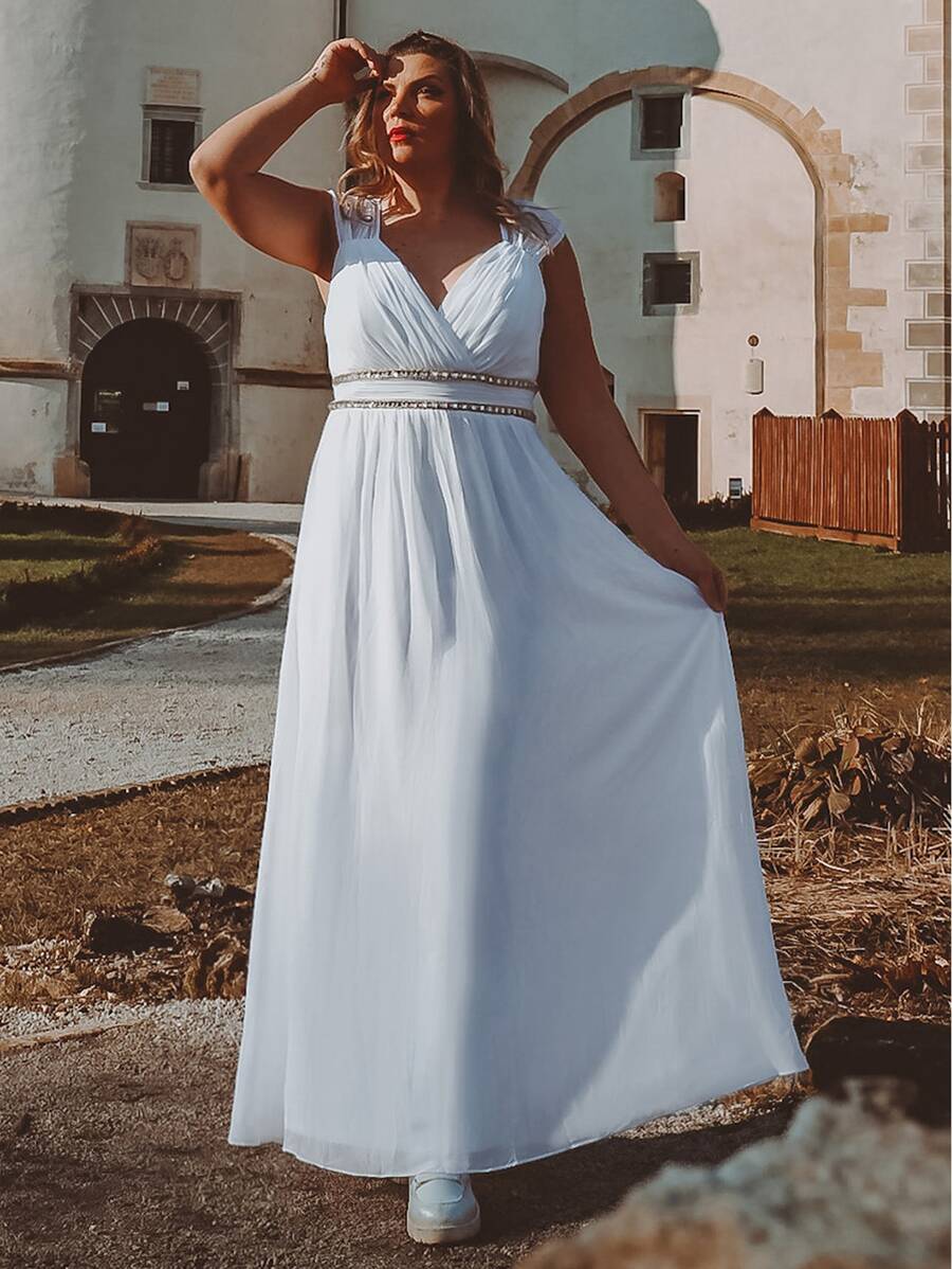 EVERPRETTY Plus Rhinestone Waist Backless Chiffon Prom Dress - White - View 1