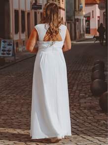 EVERPRETTY Plus Rhinestone Waist Backless Chiffon Prom Dress - White - View 2