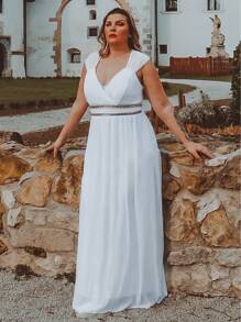 EVERPRETTY Plus Rhinestone Waist Backless Chiffon Prom Dress - White - View 4