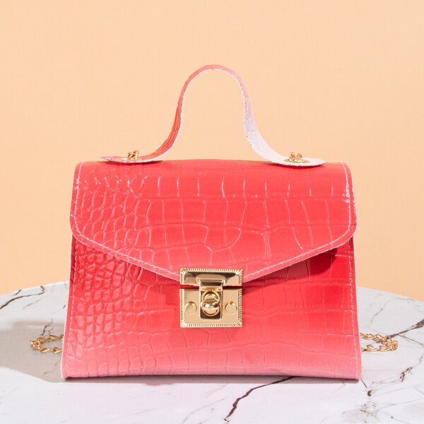 

Croc Embossed Chain Satchel Bag, Red