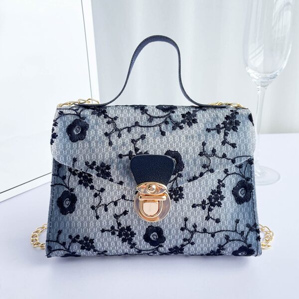 

Floral Pattern Push Lock Chain Bag, Dark grey