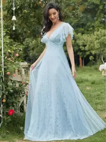 EVERPRETTY Butterfly Sleeve Lace Prom Dress - Baby Blue - View 1