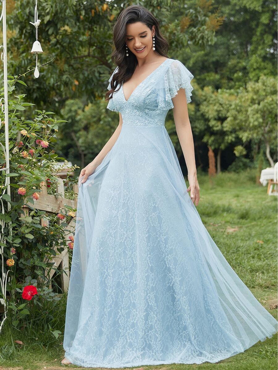 EVERPRETTY Butterfly Sleeve Lace Prom Dress - Baby Blue - View 1
