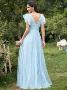 EVERPRETTY Butterfly Sleeve Lace Prom Dress - Baby Blue - View 2