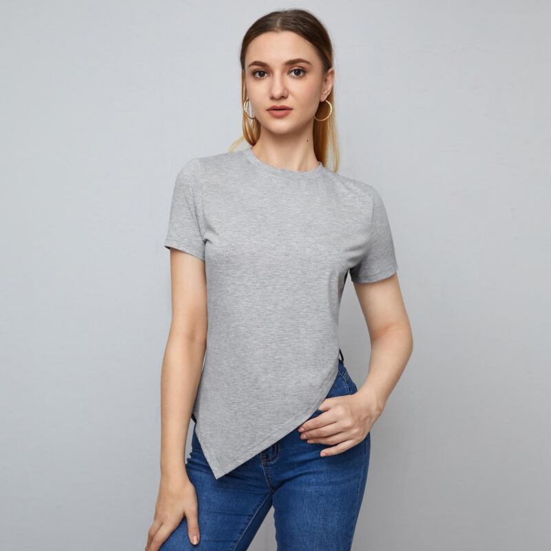 

Asymmetrical Hem Solid Tee, Light grey