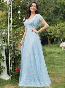 EVERPRETTY Butterfly Sleeve Lace Prom Dress - Baby Blue - View 6