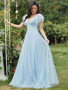 EVERPRETTY Butterfly Sleeve Lace Prom Dress - Baby Blue - View 7