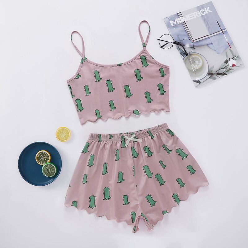 

Allover Cartoon Dinosaur Bow Pajama Set, Dusty pink