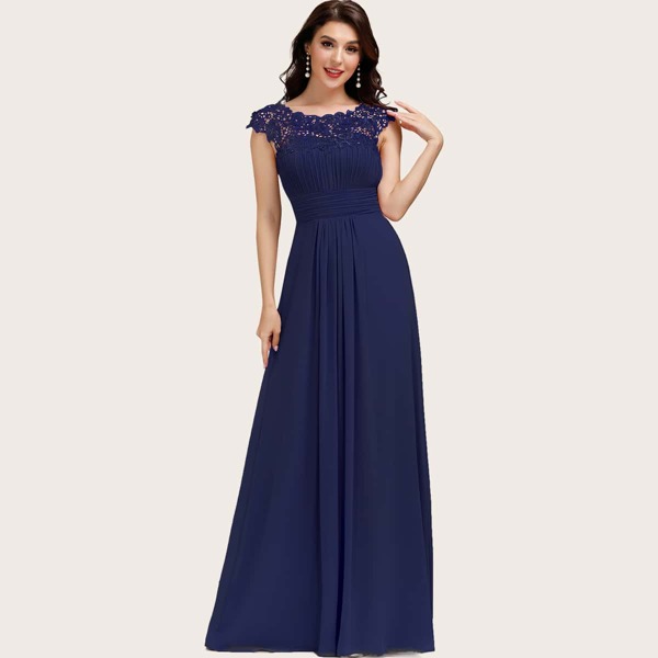 

Cut Out Back Guipure Lace Trim Chiffon Prom Dress, Navy blue