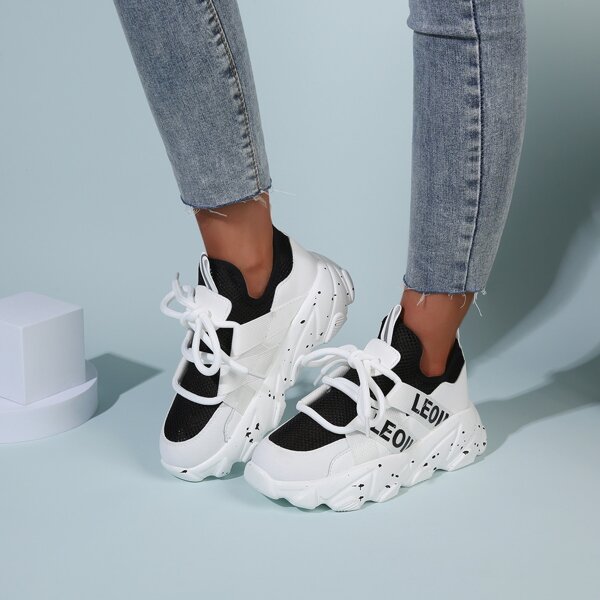 

Letter Graphic Mesh Panel Chunky Sneakers, Black