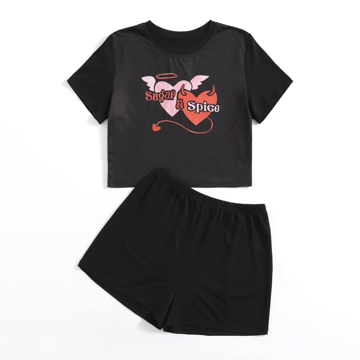 

Letter Heart Graphic Tee & Shorts, Black